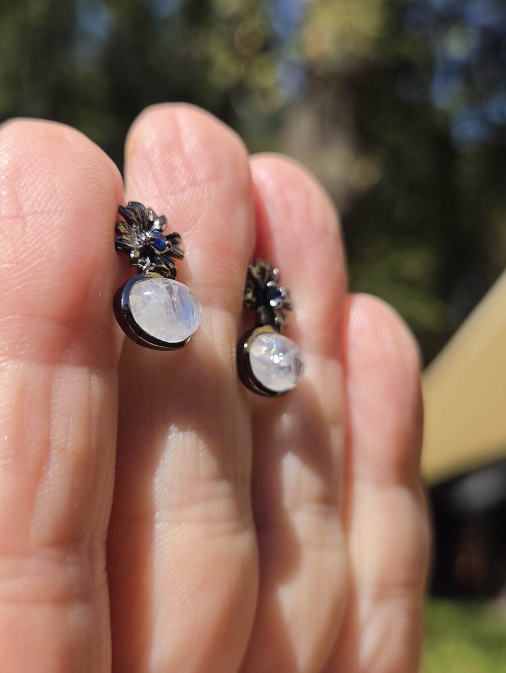 Moonstone 4k & Sapphire Sterling&Rhodium Floral Drop Earrings - Picture 7 of 9